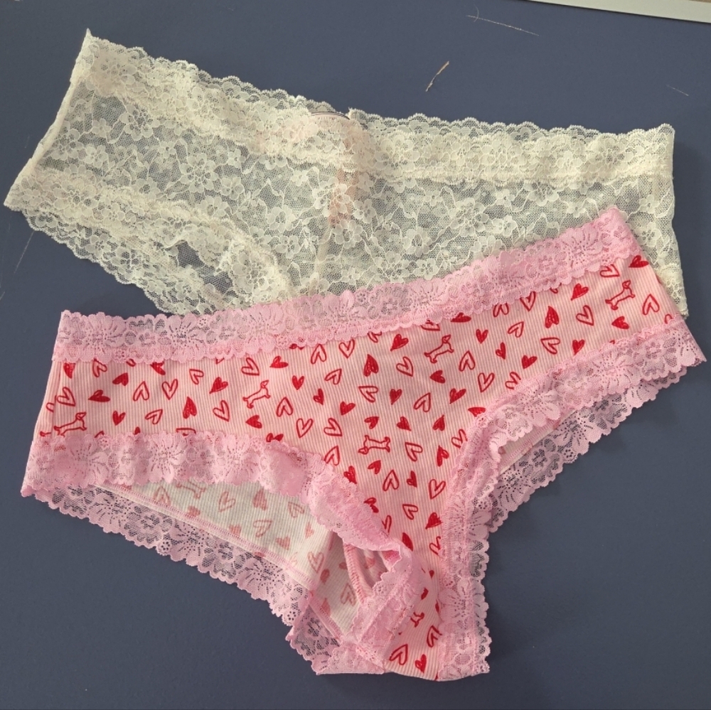 Assortment of 2 Victoria's Secret & PINK Panties Size XXL Ivory Lace Pink Heart